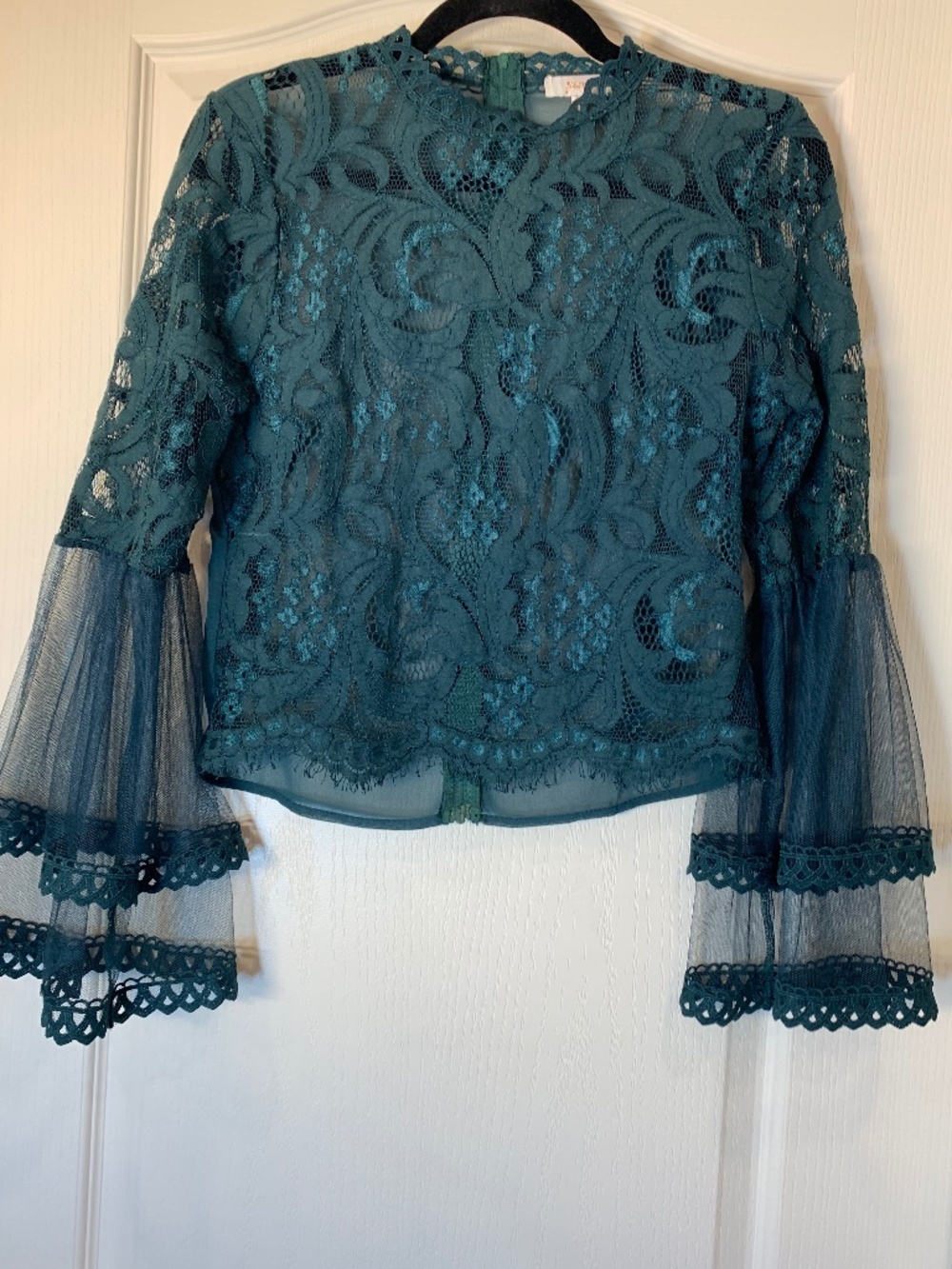Peach Lace Bell Sleeve Sheer Top Teal Green Size L Romantic Boho Party Blouse